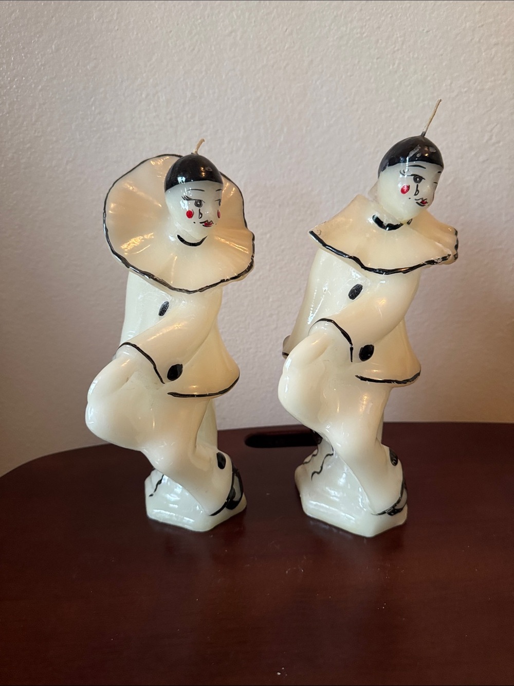 Pair of White Pierrot Clown Figurine Candles with Black Trim